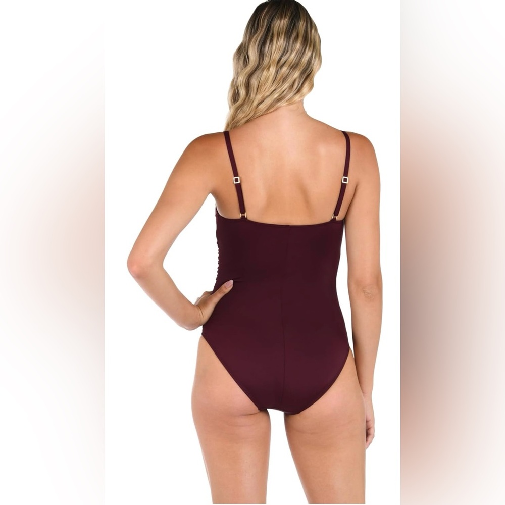 La Blanca Women's One Piece Swimsuit Island Goddess Shirred Side Dark Cherry - Picture 2 of 5